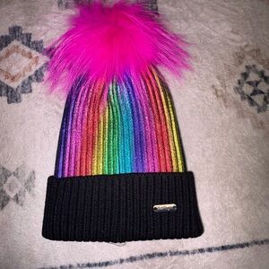 BARILYNN Colorful Rainbow Knit Beanie with Pink Pom